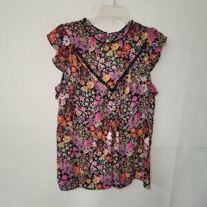 Status by Chenault Shirt Womens M Black Floral Print Flutter Sleeve Back Cut Out